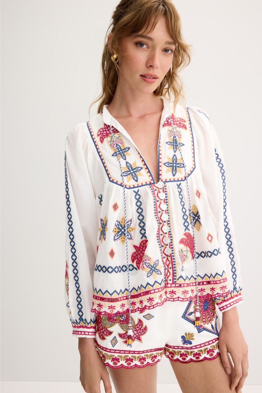 FARM Rio - Marys Tiles Off-White Embroidered Blouse - Size Medium